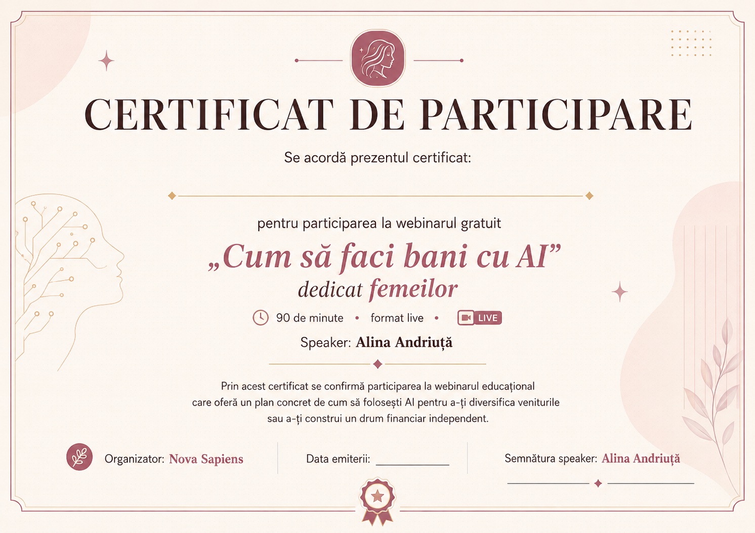 Certificat de Participare — Webinar Cum să faci bani cu AI · Nova Sapiens